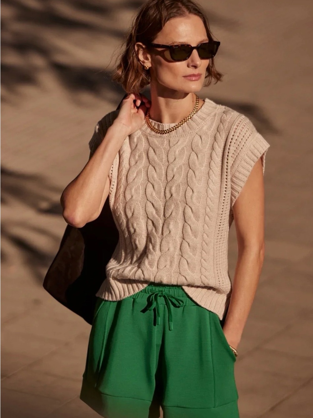 Varley Pixie Cream Cable-Knit Sleeveless Crew Sweater